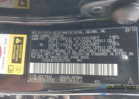 2013 Toyota Highlander z USA, uszkodzony, nr VIN 5TDZA3EH2DS037350